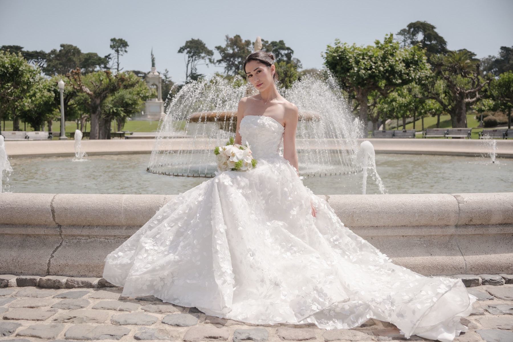 Bride at the Music Concourse fountain in Golden Gate Park, San Francisco wedding photography by Matt Dea